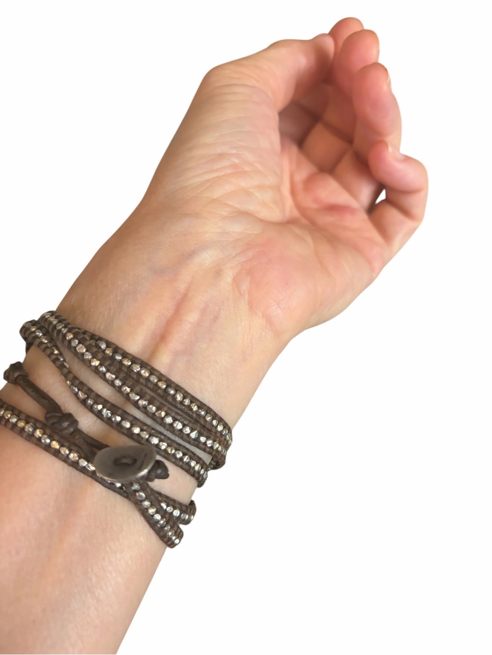 Chan Luu Brown Leather Wrap Bracelet with Silver Beads - Picture 2 of 4